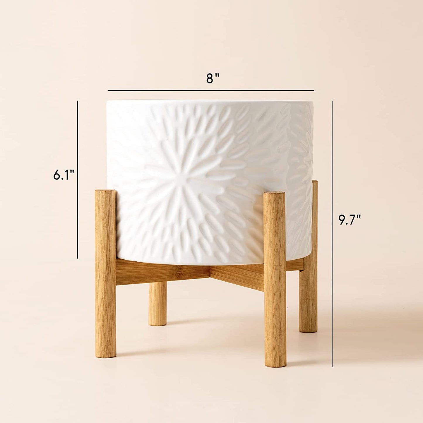 LA JOLIE MUSE Ceramic Plant Pot with Wood Stand - 8 Inch Unique Modern Flower Pots Indoor with Wood Planter Holder with Drainage, Bright White