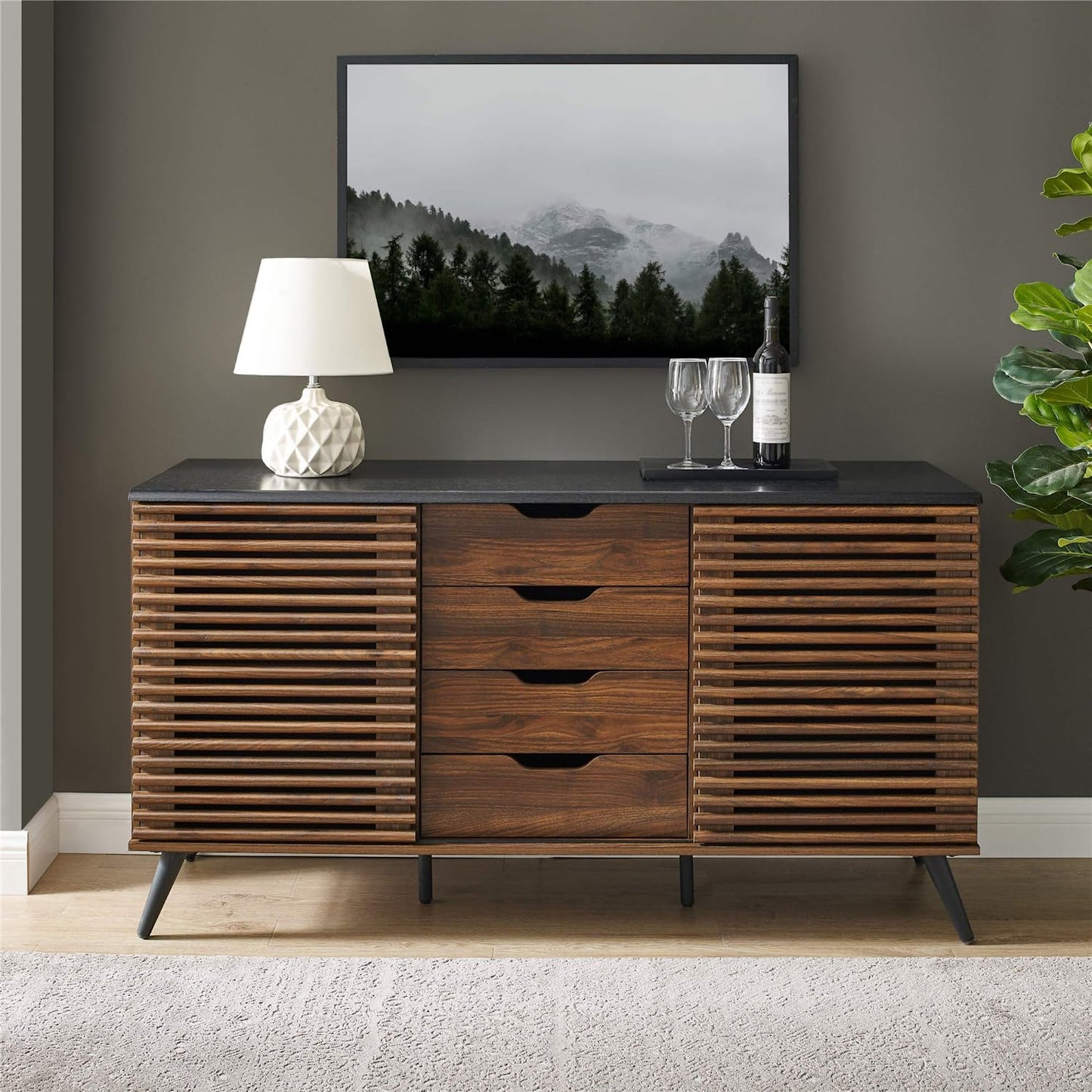 Modern 4 Drawer Sliding Door Wood Buffet