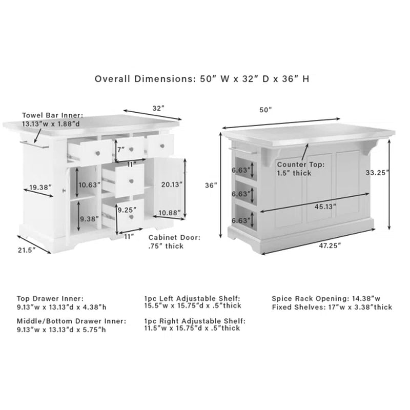 Diamondback 50'' Wide Rolling Kitchen Island Set with Stainless Steel Top