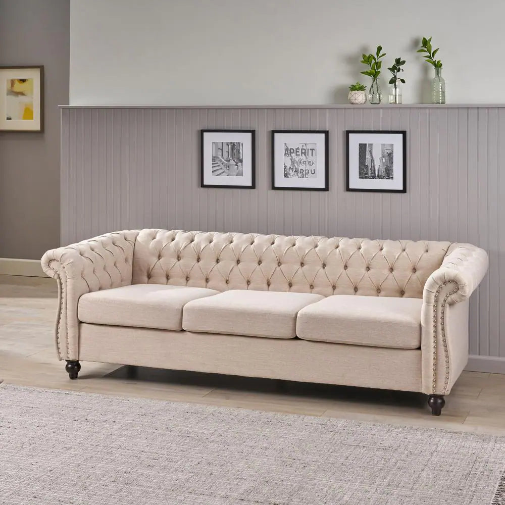 Parksley 84.75 In. Beige Solid Fabric 3-Seat Chesterfield Sofa with Removable Cushions
