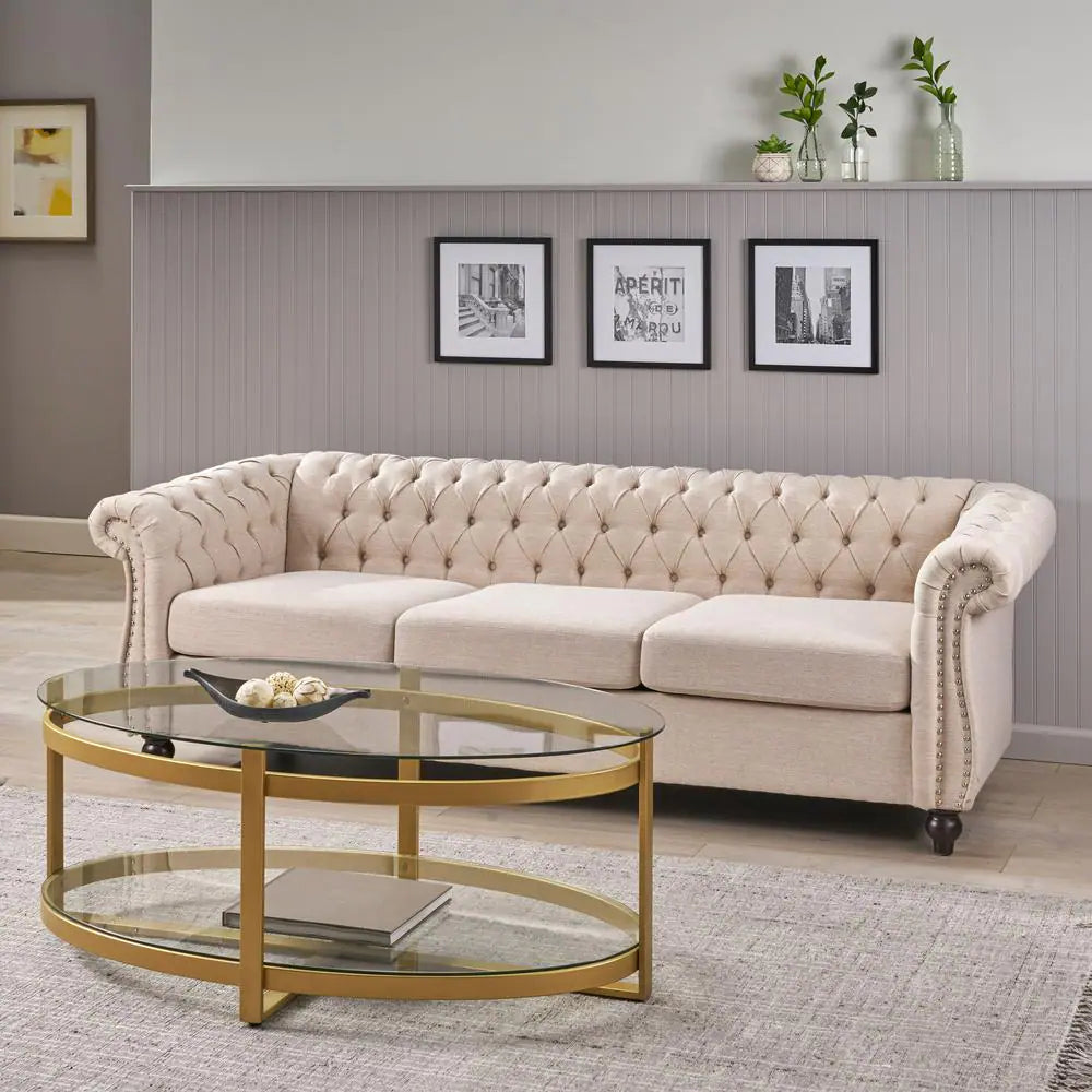 Parksley 84.75 In. Beige Solid Fabric 3-Seat Chesterfield Sofa with Removable Cushions