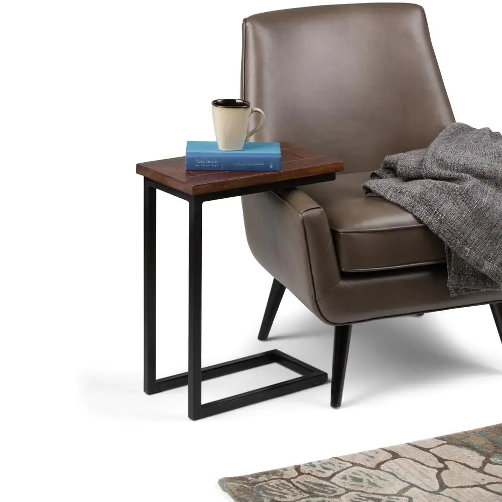 Skyler Solid Mango Wood and Metal 18 In. Wide Rectangle Industrial C Side Table in Dark Cognac Brown, Fully Assembled