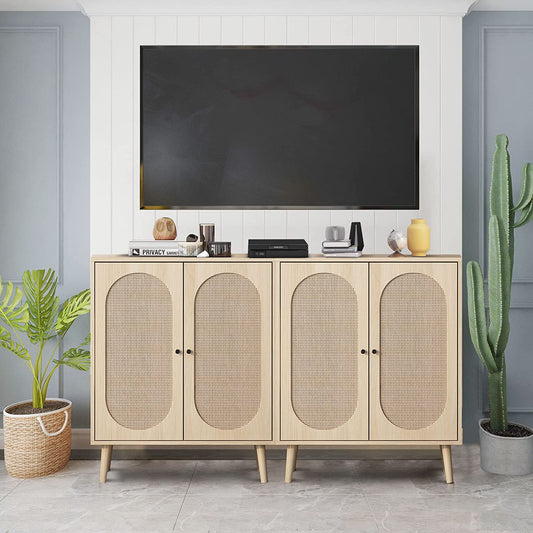 Rattan Sideboard Buffet Cabinet, Accent Kitchen Storage Cabinet Console Table with Adjustable Shelves for Living Room, Dining Room, Bedroom (Natural)