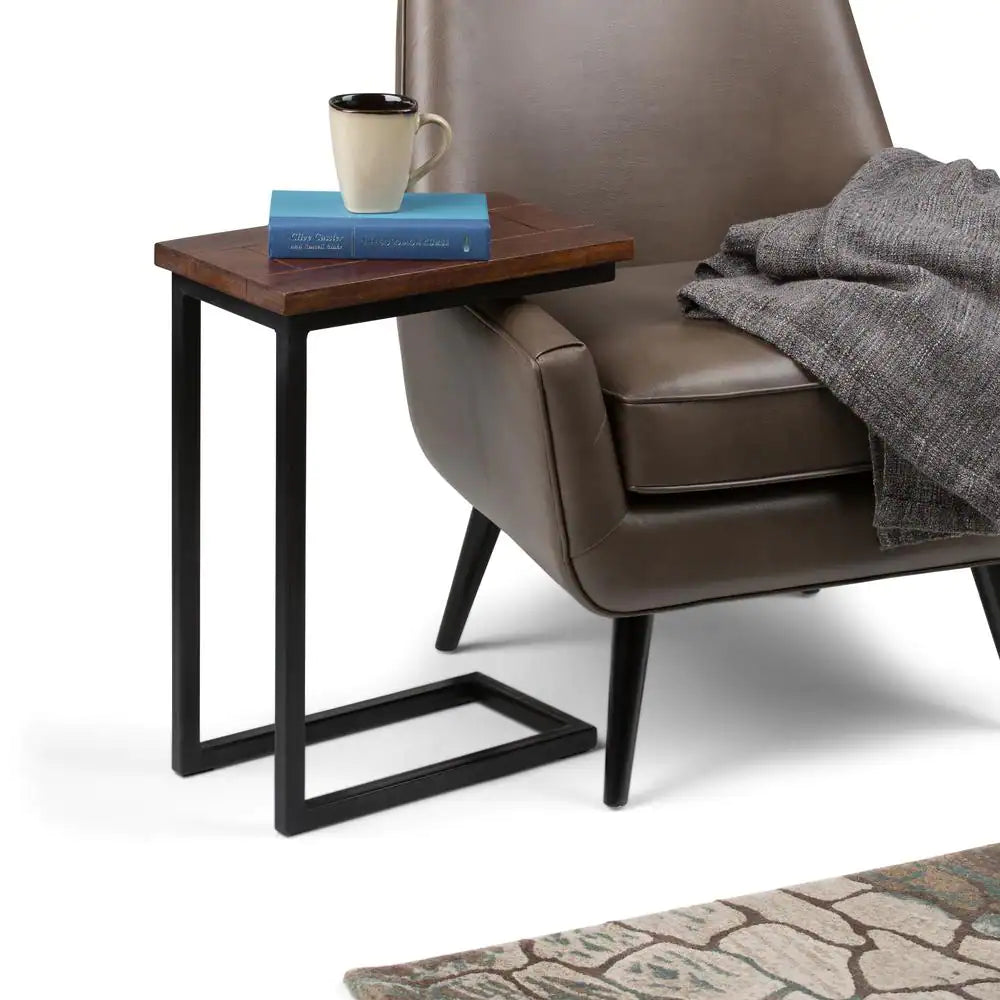 Skyler Solid Mango Wood and Metal 18 In. Wide Rectangle Industrial C Side Table in Dark Cognac Brown, Fully Assembled