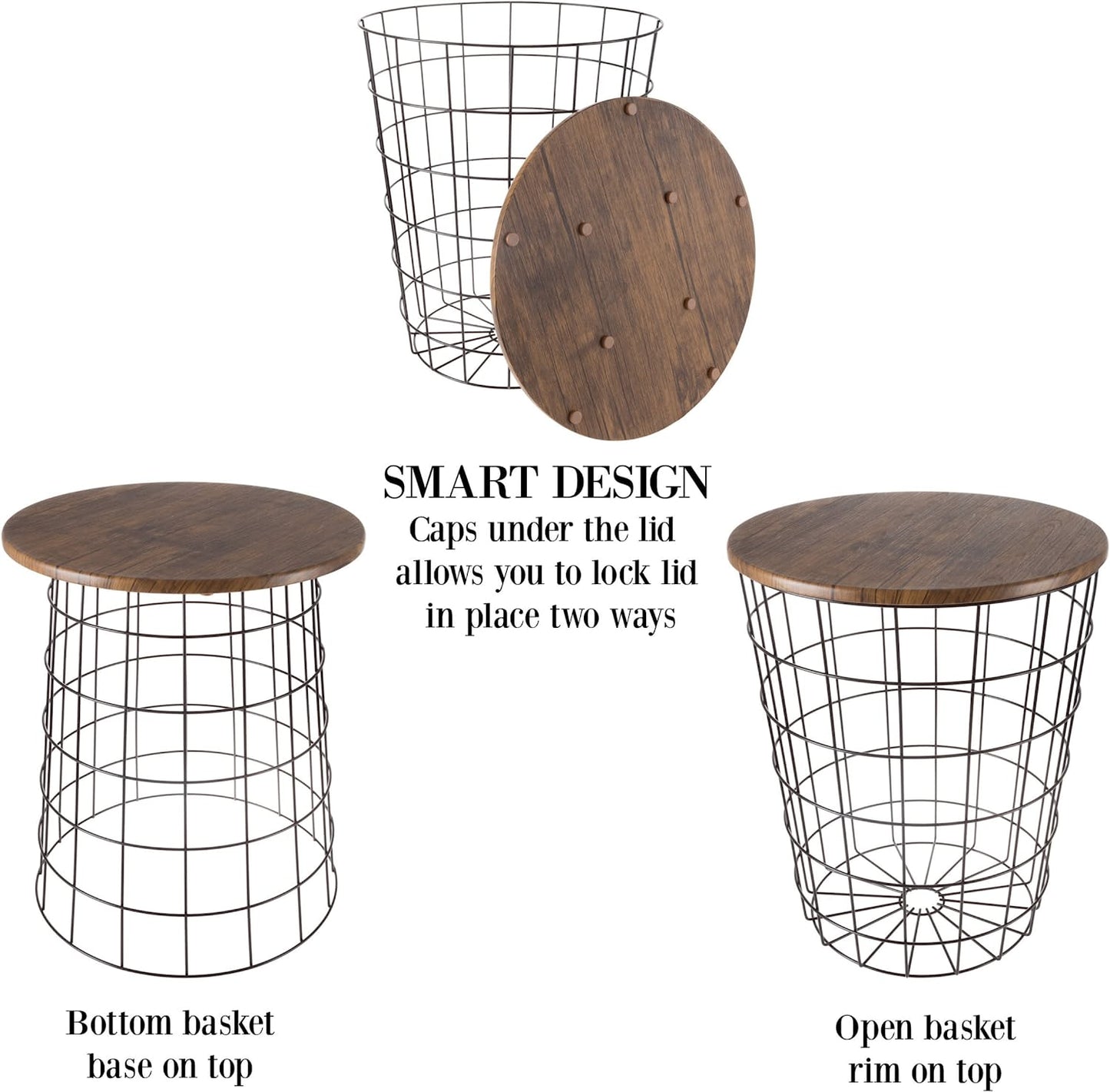 Nesting Wire Basket Base and Wood Tops Set of 2, Brown