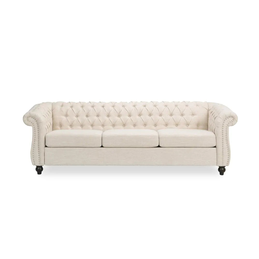 Parksley 84.75 In. Beige Solid Fabric 3-Seat Chesterfield Sofa with Removable Cushions