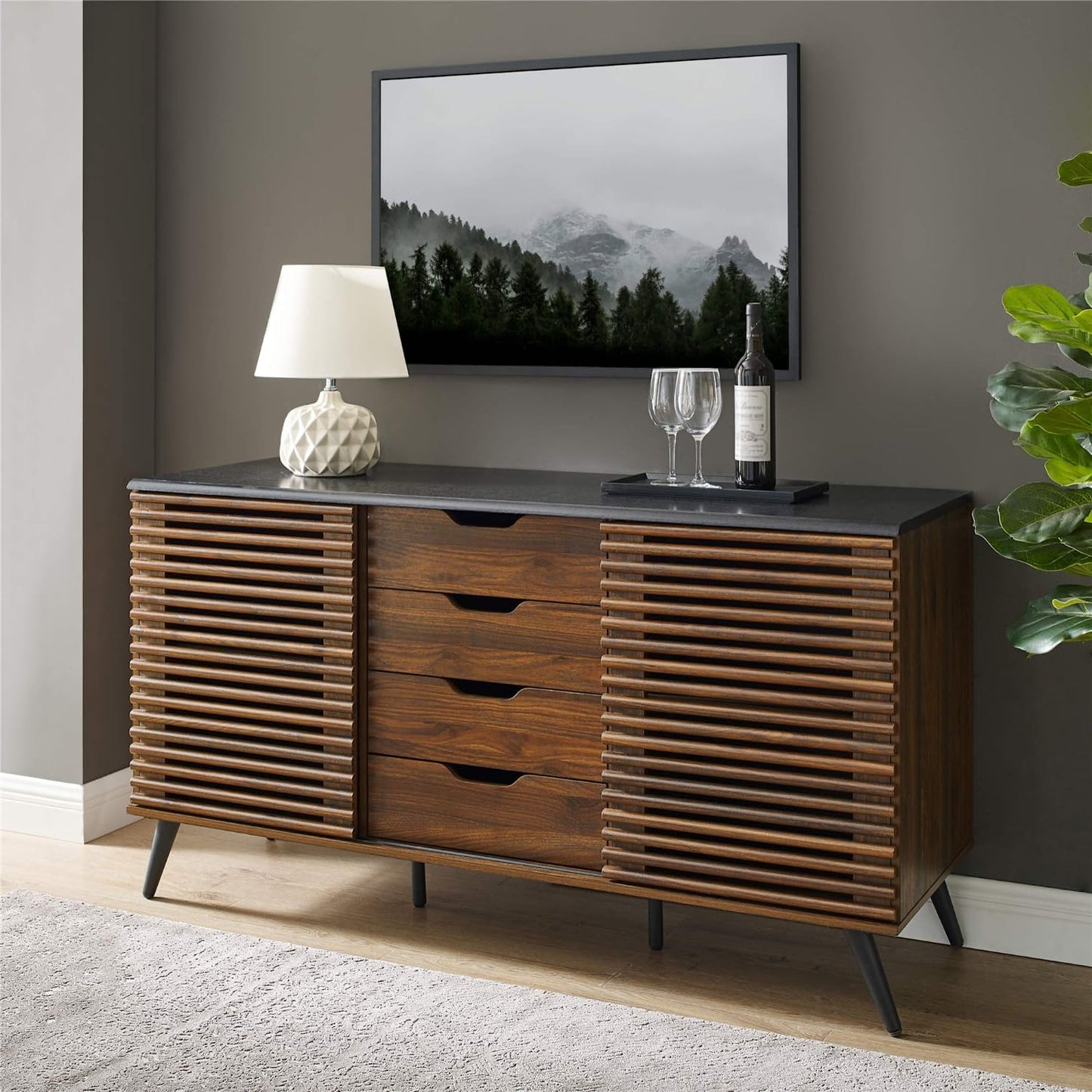 Modern 4 Drawer Sliding Door Wood Buffet