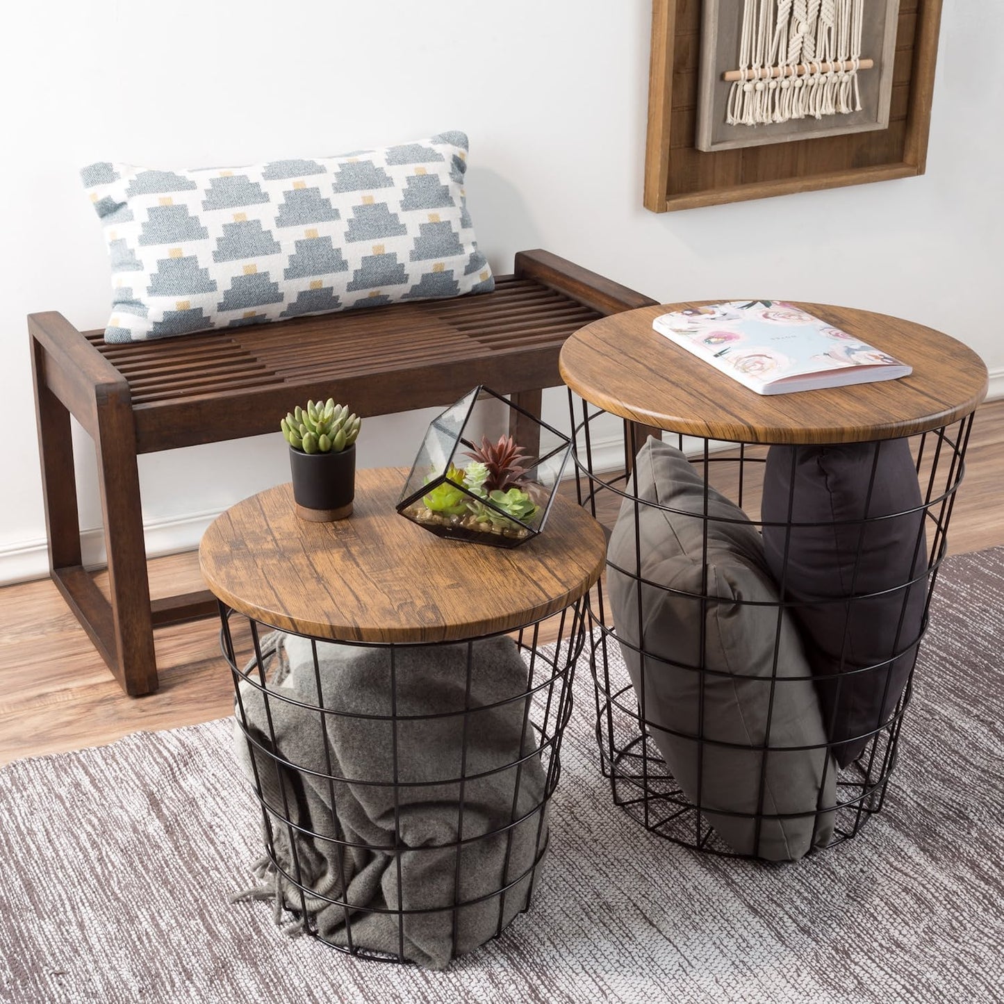 Nesting Wire Basket Base and Wood Tops Set of 2, Brown
