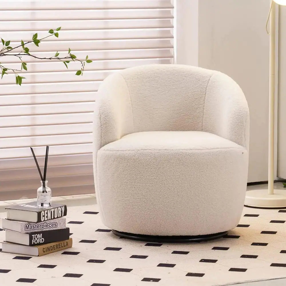 Ivory Teddy Fabric Swivel Accent Armchair Barrel Chair