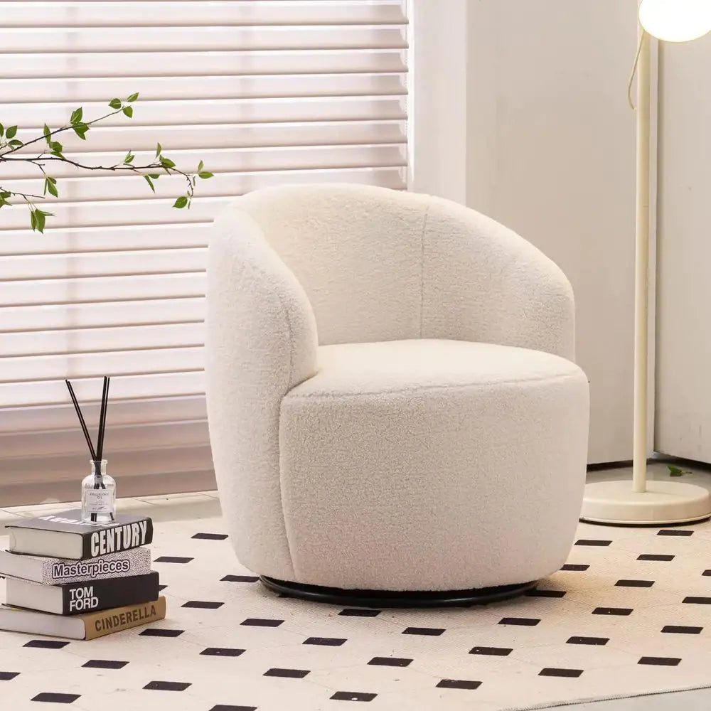 Ivory Teddy Fabric Swivel Accent Armchair Barrel Chair