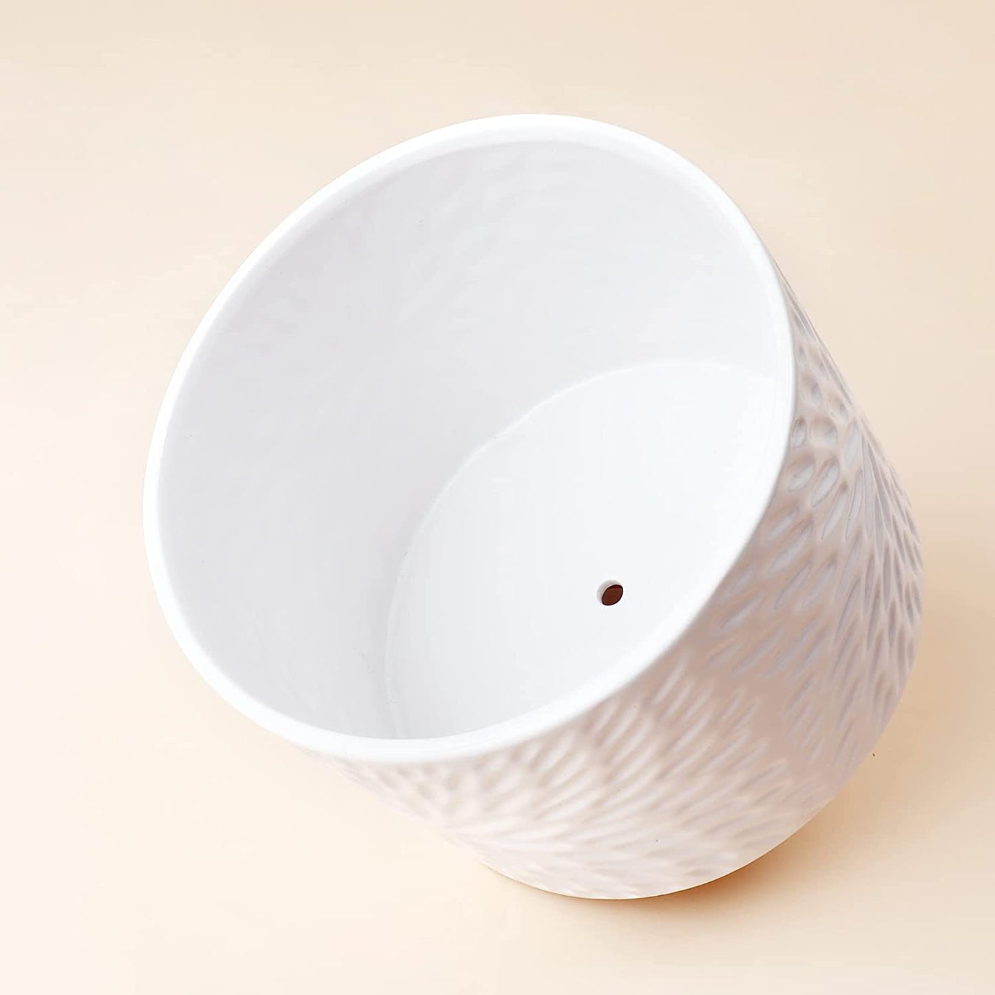 LA JOLIE MUSE Ceramic Plant Pot with Wood Stand - 8 Inch Unique Modern Flower Pots Indoor with Wood Planter Holder with Drainage, Bright White