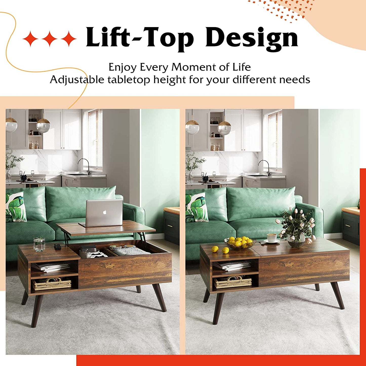 Wood Lift Top Coffee Table with Adjustable Storage Shelf