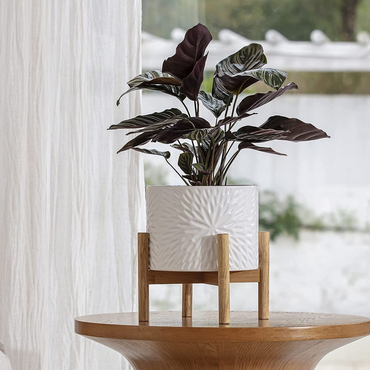LA JOLIE MUSE Ceramic Plant Pot with Wood Stand - 8 Inch Unique Modern Flower Pots Indoor with Wood Planter Holder with Drainage, Bright White