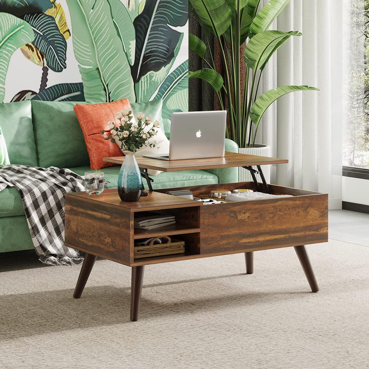 Wood Lift Top Coffee Table with Adjustable Storage Shelf
