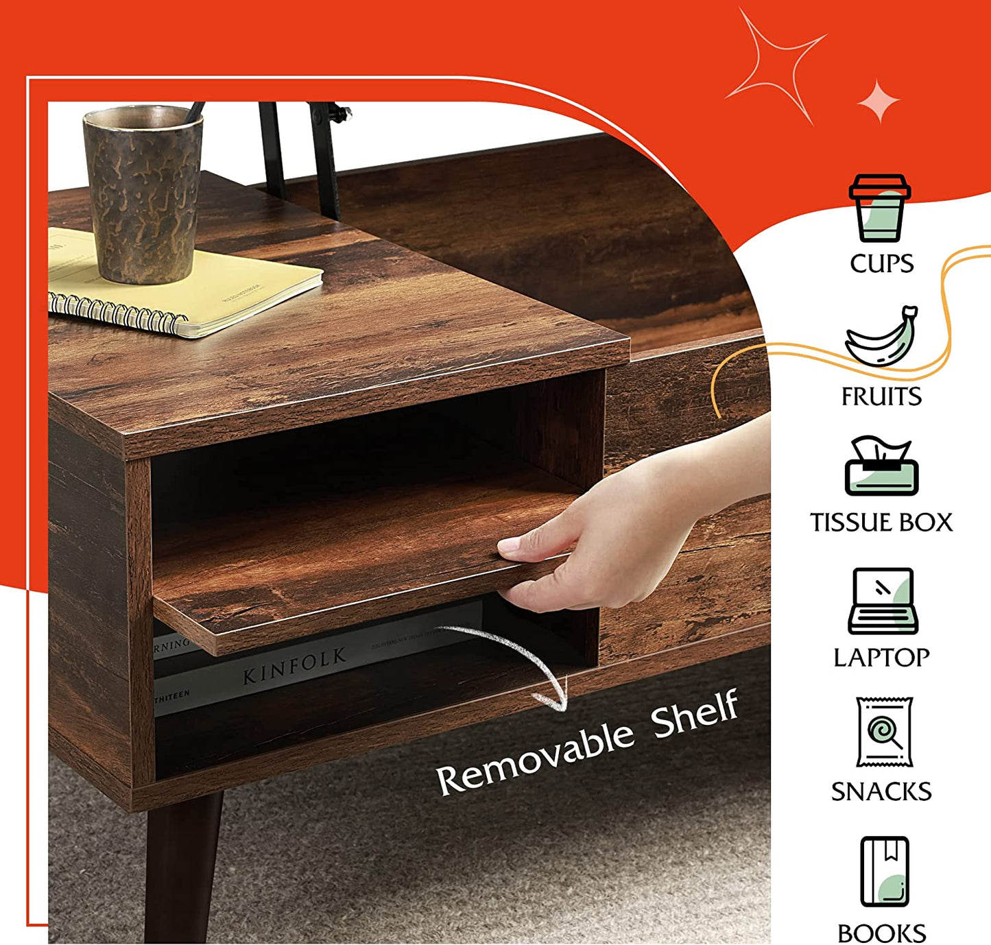 Wood Lift Top Coffee Table with Adjustable Storage Shelf