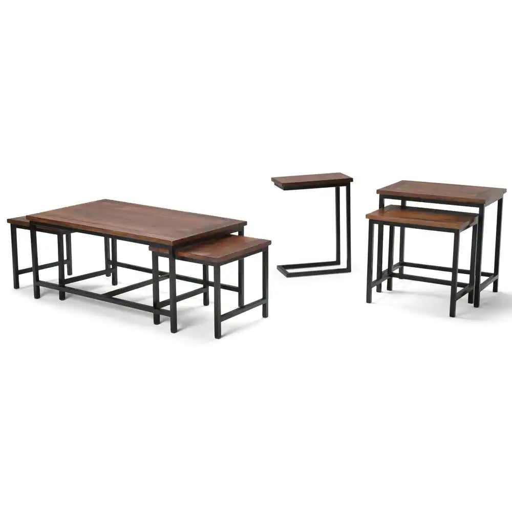 Skyler Solid Mango Wood and Metal 18 In. Wide Rectangle Industrial C Side Table in Dark Cognac Brown, Fully Assembled