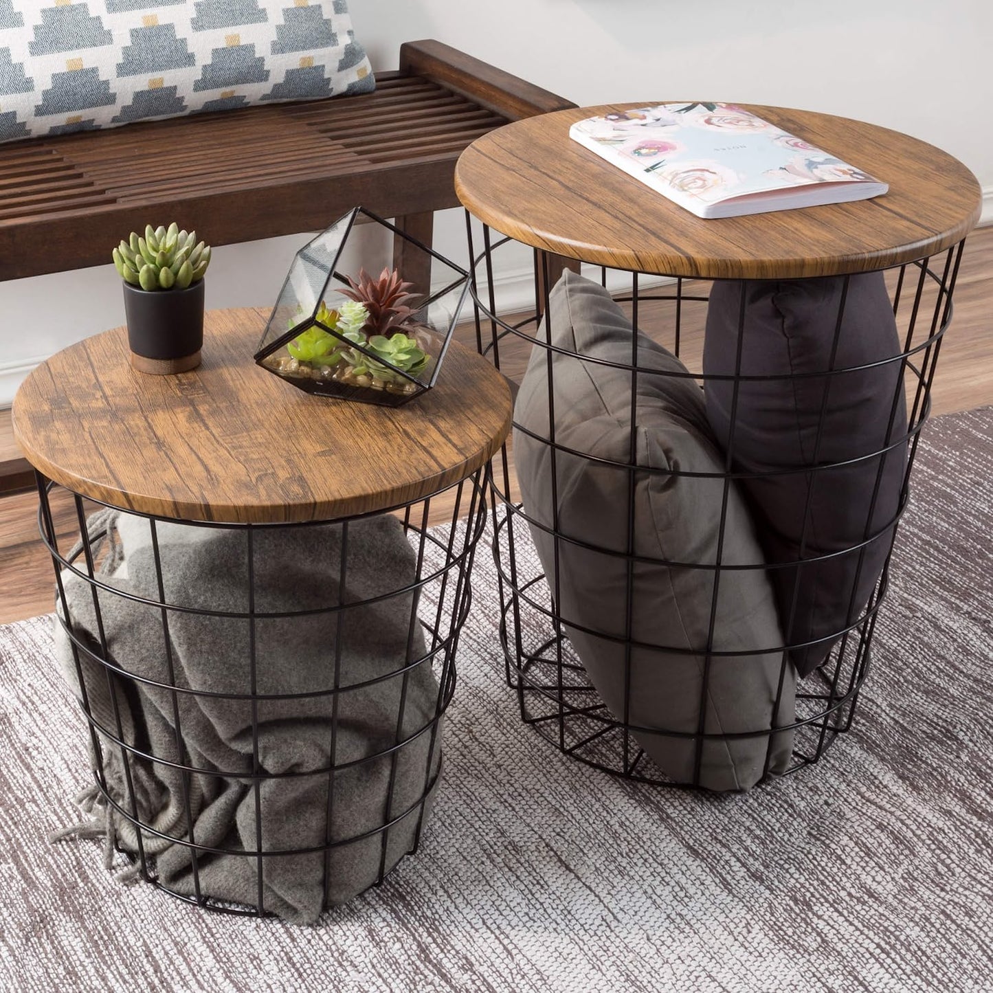 Nesting Wire Basket Base and Wood Tops Set of 2, Brown