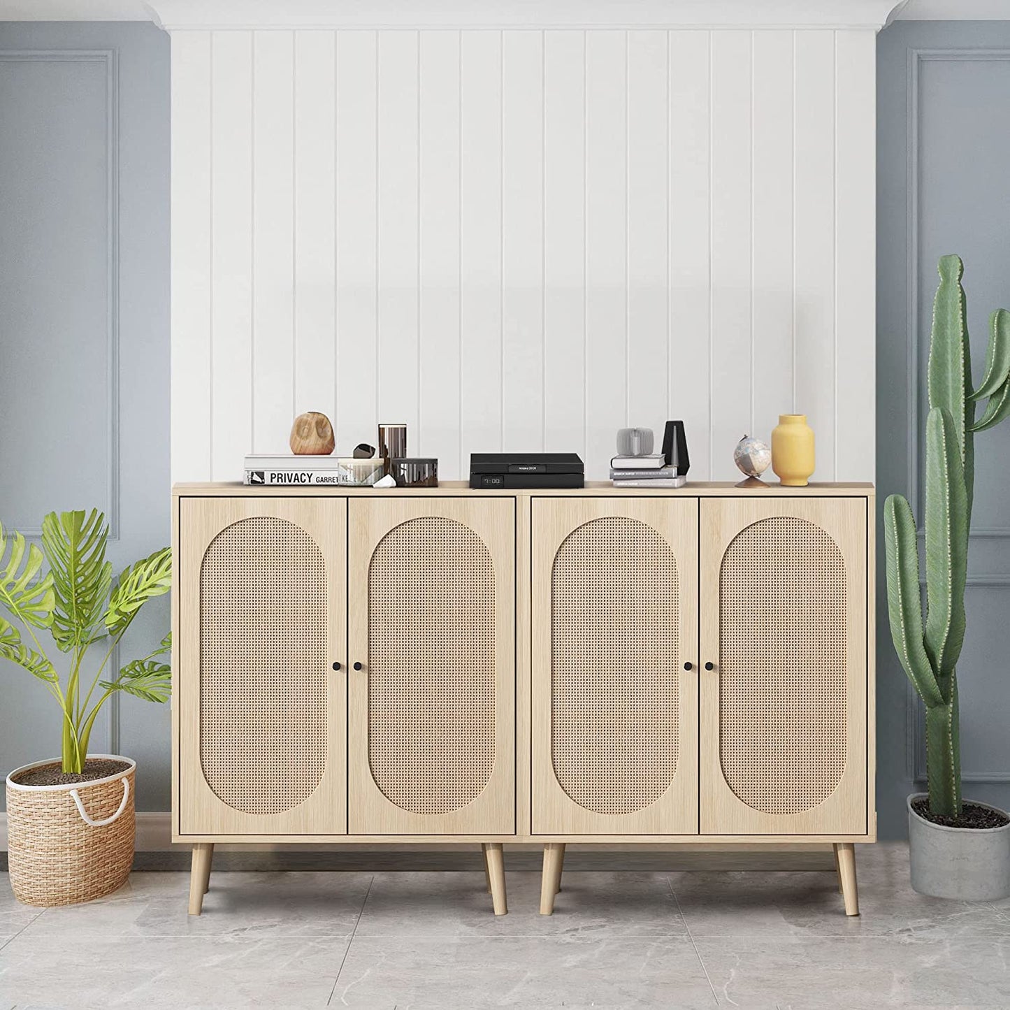 Rattan Sideboard Buffet Cabinet, Accent Kitchen Storage Cabinet Console Table with Adjustable Shelves for Living Room, Dining Room, Bedroom (Natural)