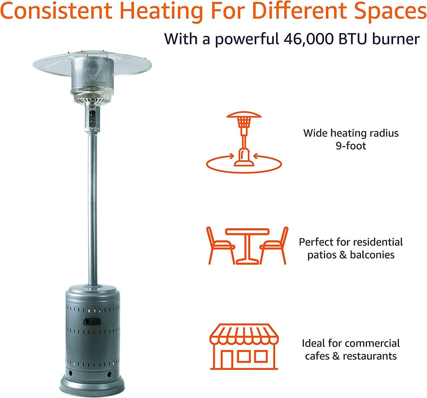 46,000 BTU Outdoor Propane Patio Heater with Wheels, Commercial & Residential - Slate Gray