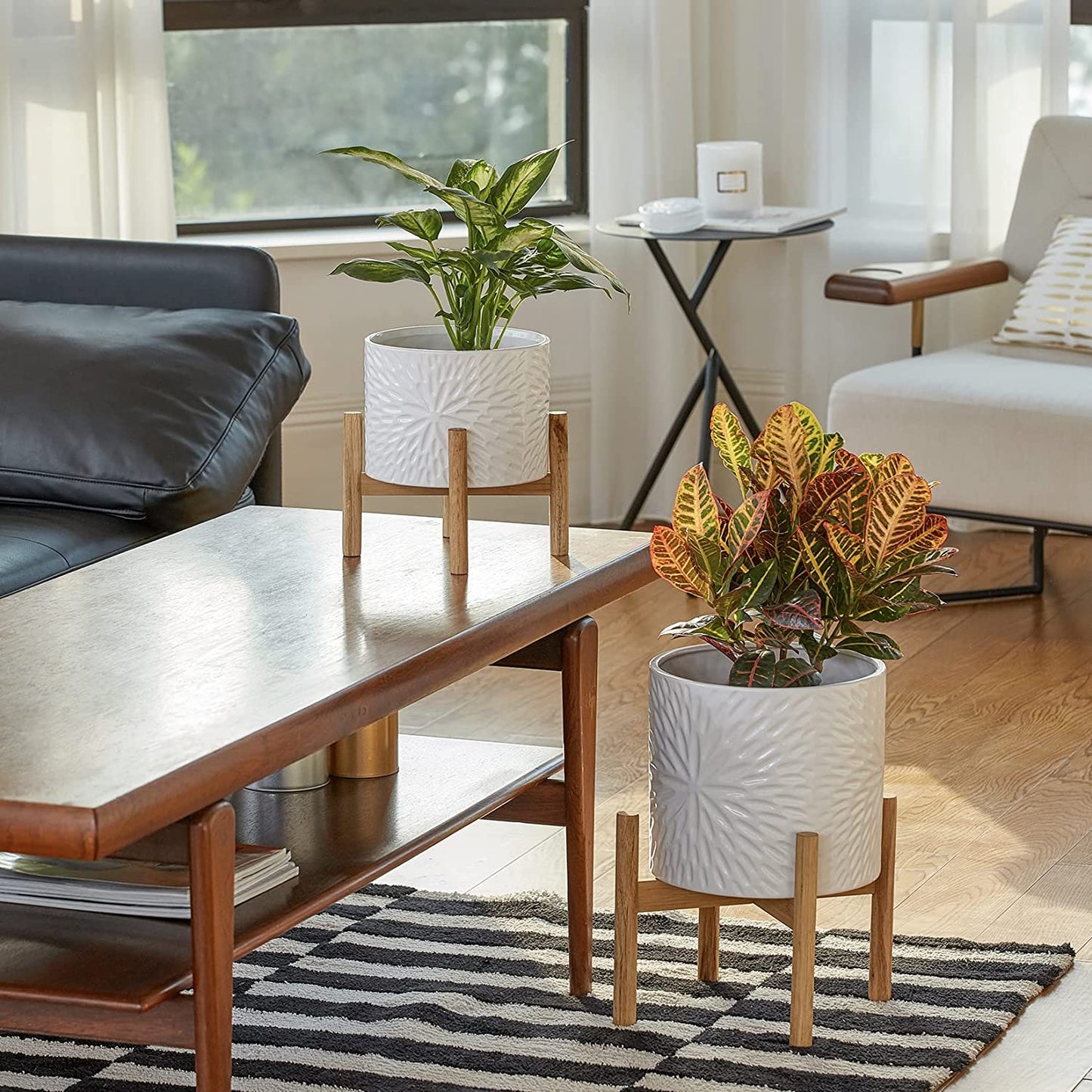 LA JOLIE MUSE Ceramic Plant Pot with Wood Stand - 8 Inch Unique Modern Flower Pots Indoor with Wood Planter Holder with Drainage, Bright White