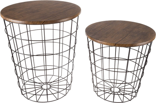 Nesting Wire Basket Base and Wood Tops Set of 2, Brown