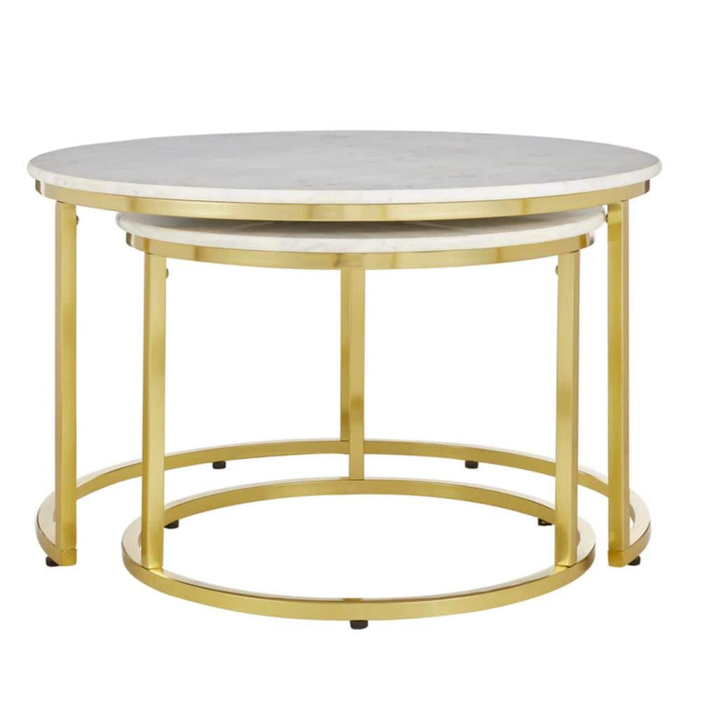 Cheval 2-Piece 31 In. Gold/Marble Medium round Marble Coffee Table Set