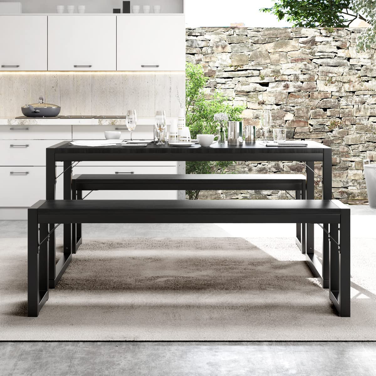 Imusee Modern Industrial 3-Piece Soho Dining Table Set, Metal Frame and MDF Board, Dining/Kitchen Table Set with Benches, Sturdy Structure, Space-Saving Furniture
