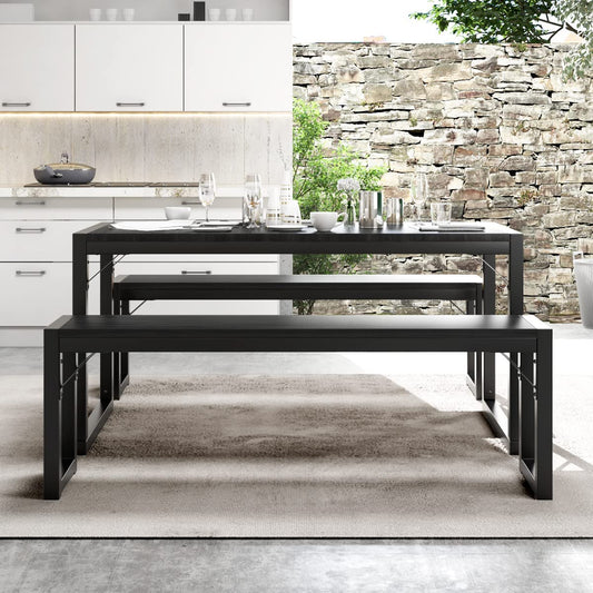 Imusee Modern Industrial 3-Piece Soho Dining Table Set, Metal Frame and MDF Board, Dining/Kitchen Table Set with Benches, Sturdy Structure, Space-Saving Furniture