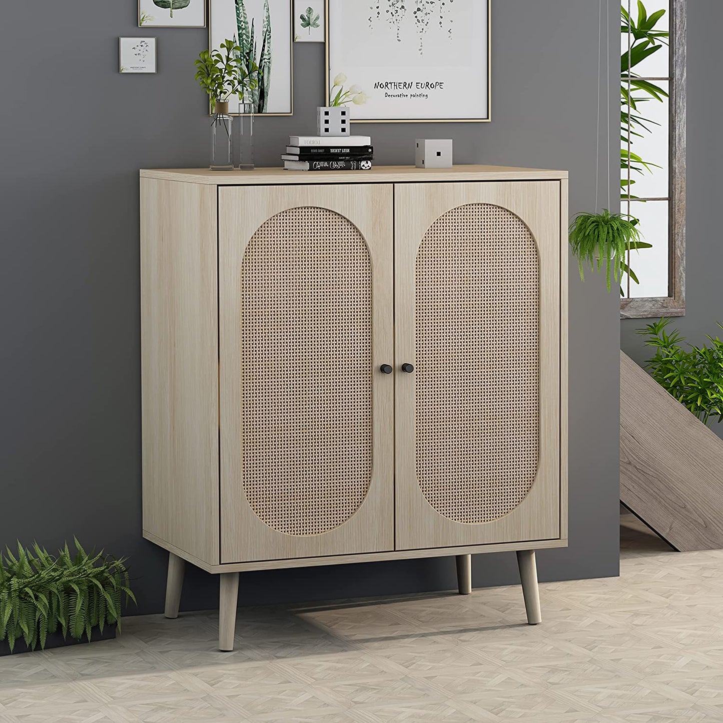 Rattan Sideboard Buffet Cabinet, Accent Kitchen Storage Cabinet Console Table with Adjustable Shelves for Living Room, Dining Room, Bedroom (Natural)