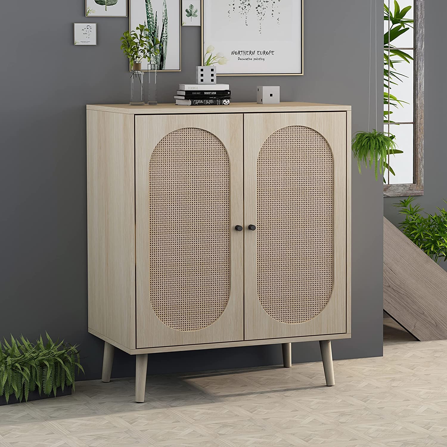 Rattan Sideboard Buffet Cabinet, Accent Kitchen Storage Cabinet Console Table with Adjustable Shelves for Living Room, Dining Room, Bedroom (Natural)