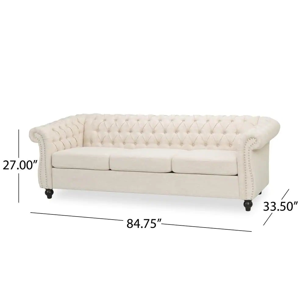 Parksley 84.75 In. Beige Solid Fabric 3-Seat Chesterfield Sofa with Removable Cushions