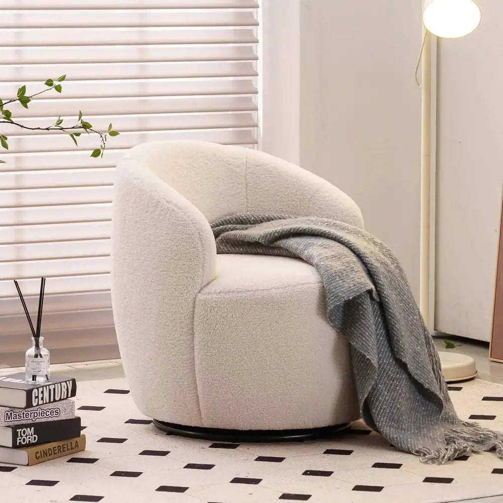 Ivory Teddy Fabric Swivel Accent Armchair Barrel Chair
