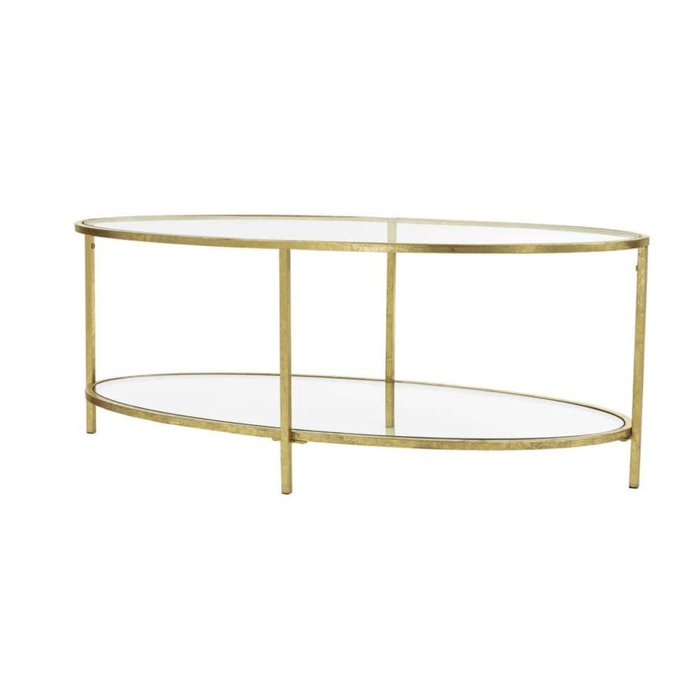 Bella 46 In. Gold Leaf/Clear Large Oval Glass Coffee Table with Shelf
