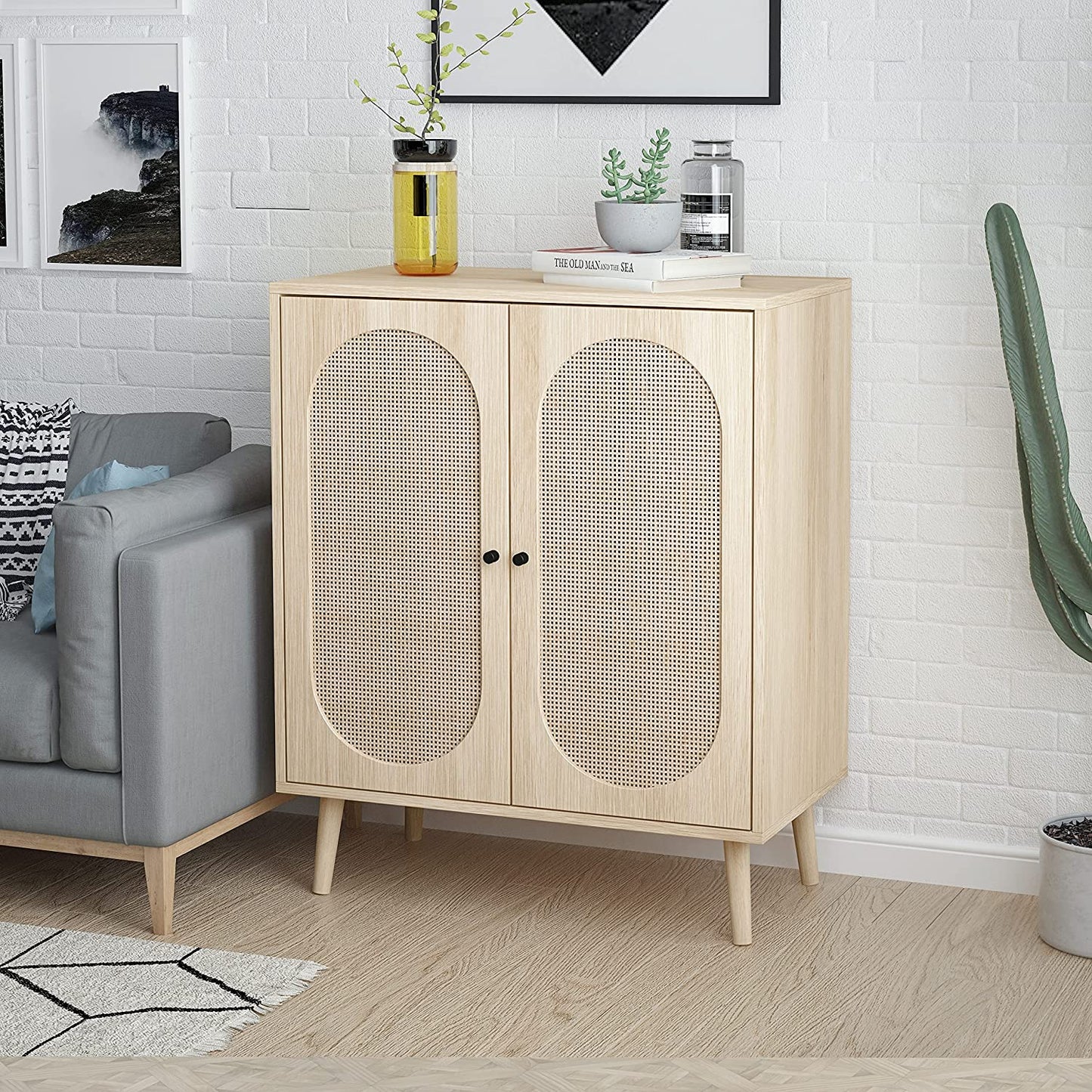 Rattan Sideboard Buffet Cabinet, Accent Kitchen Storage Cabinet Console Table with Adjustable Shelves for Living Room, Dining Room, Bedroom (Natural)