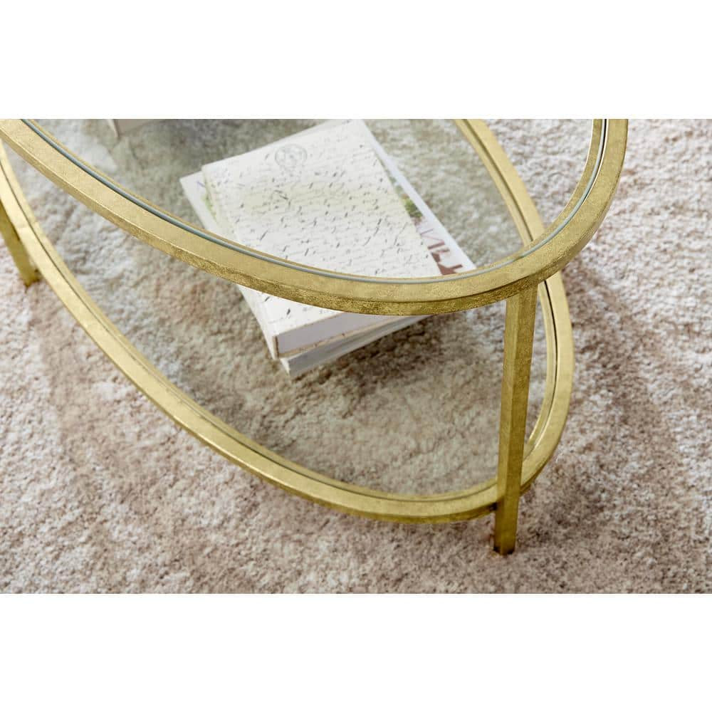 Bella 46 In. Gold Leaf/Clear Large Oval Glass Coffee Table with Shelf