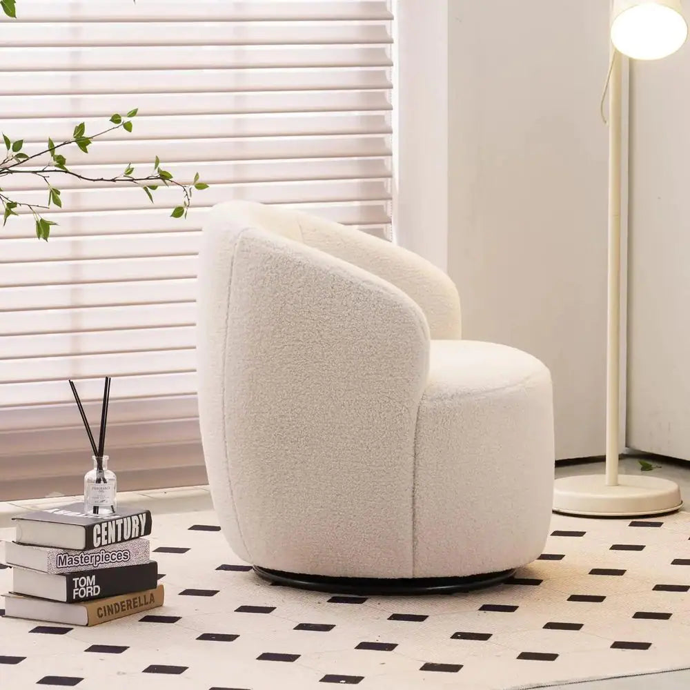 Ivory Teddy Fabric Swivel Accent Armchair Barrel Chair