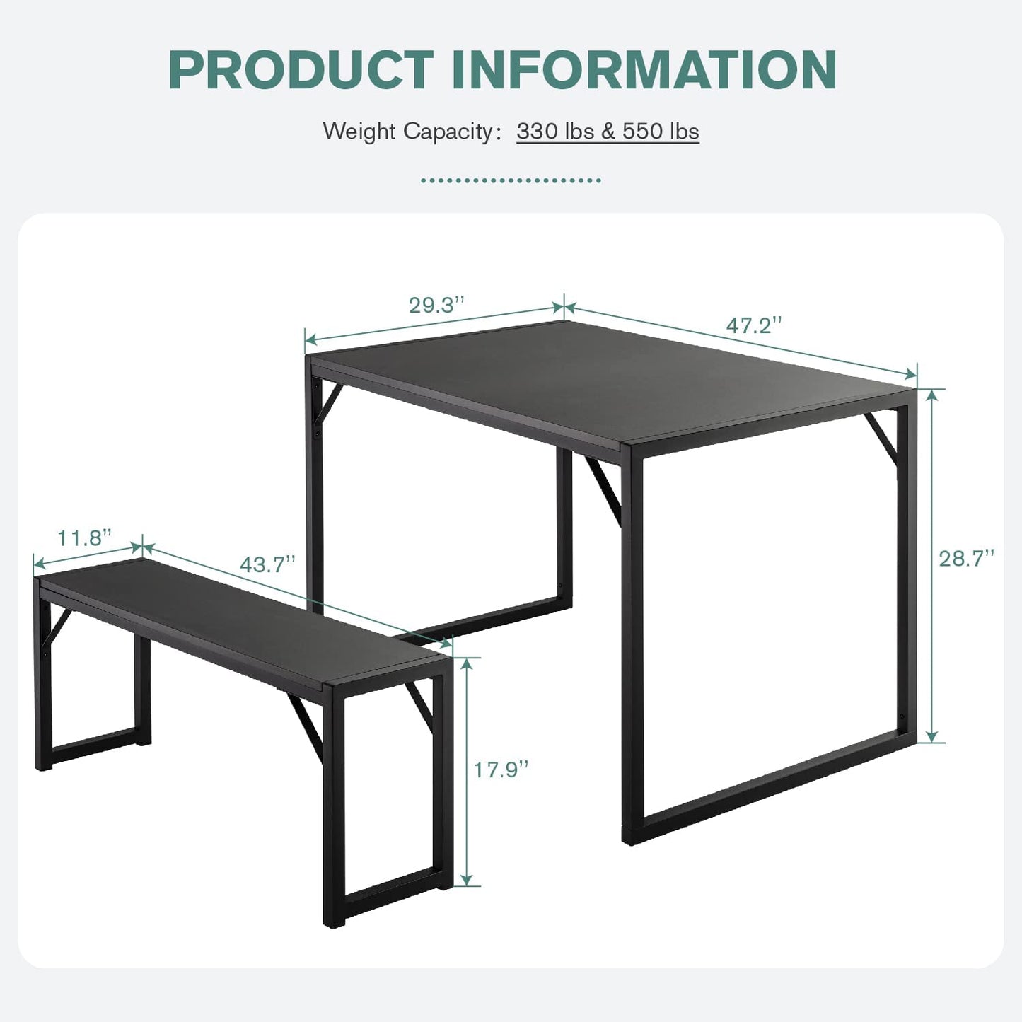 Imusee Modern Industrial 3-Piece Soho Dining Table Set, Metal Frame and MDF Board, Dining/Kitchen Table Set with Benches, Sturdy Structure, Space-Saving Furniture