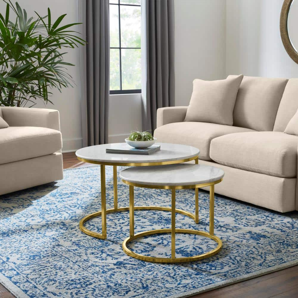 Cheval 2-Piece 31 In. Gold/Marble Medium round Marble Coffee Table Set