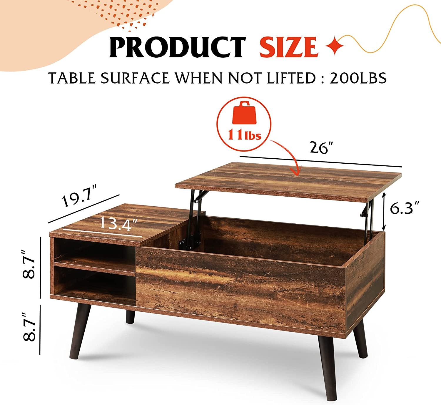 Wood Lift Top Coffee Table with Adjustable Storage Shelf