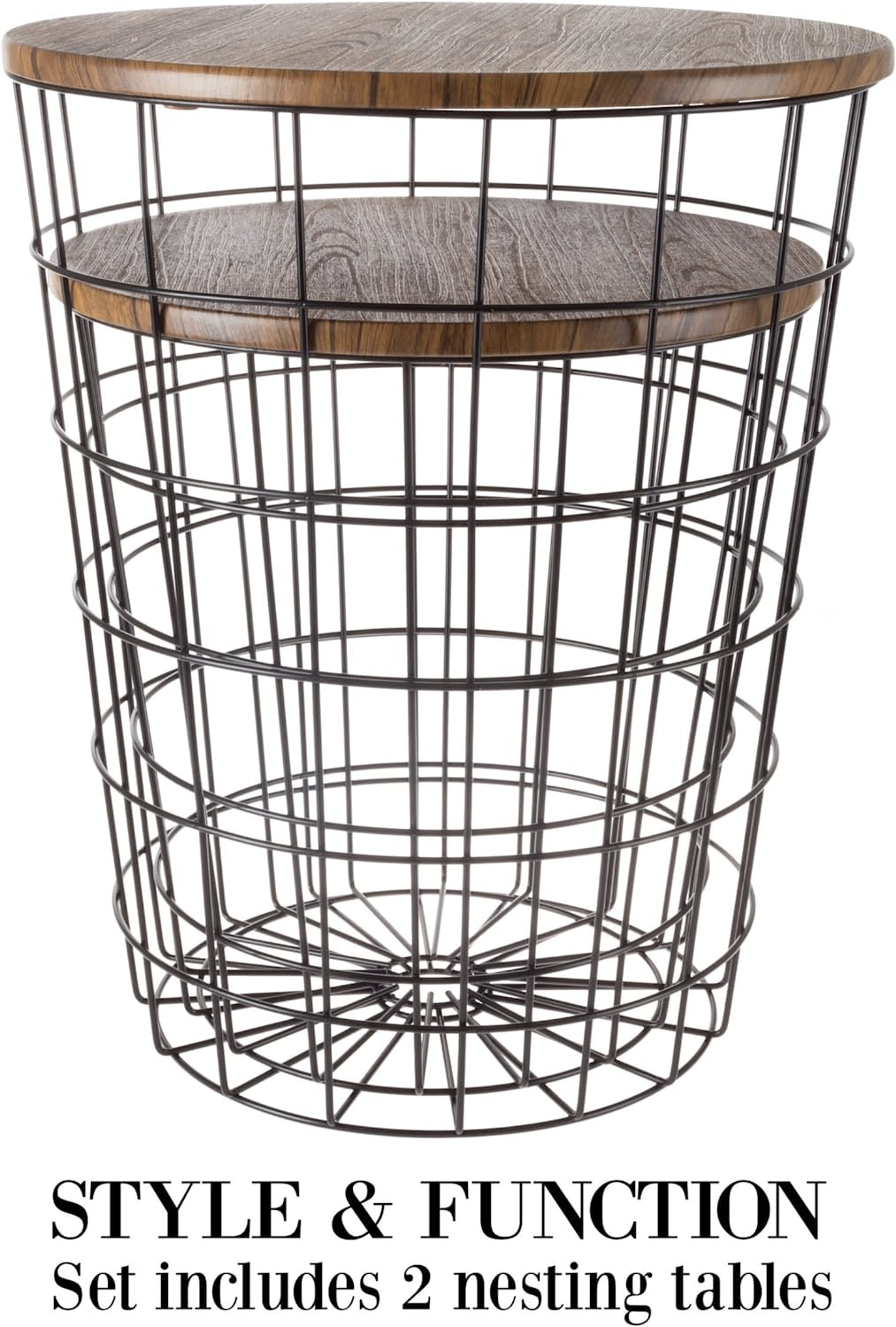 Nesting Wire Basket Base and Wood Tops Set of 2, Brown