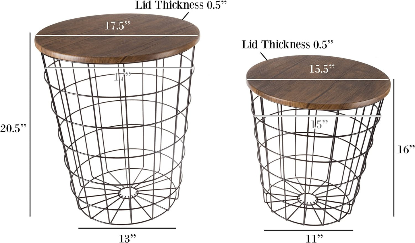 Nesting Wire Basket Base and Wood Tops Set of 2, Brown