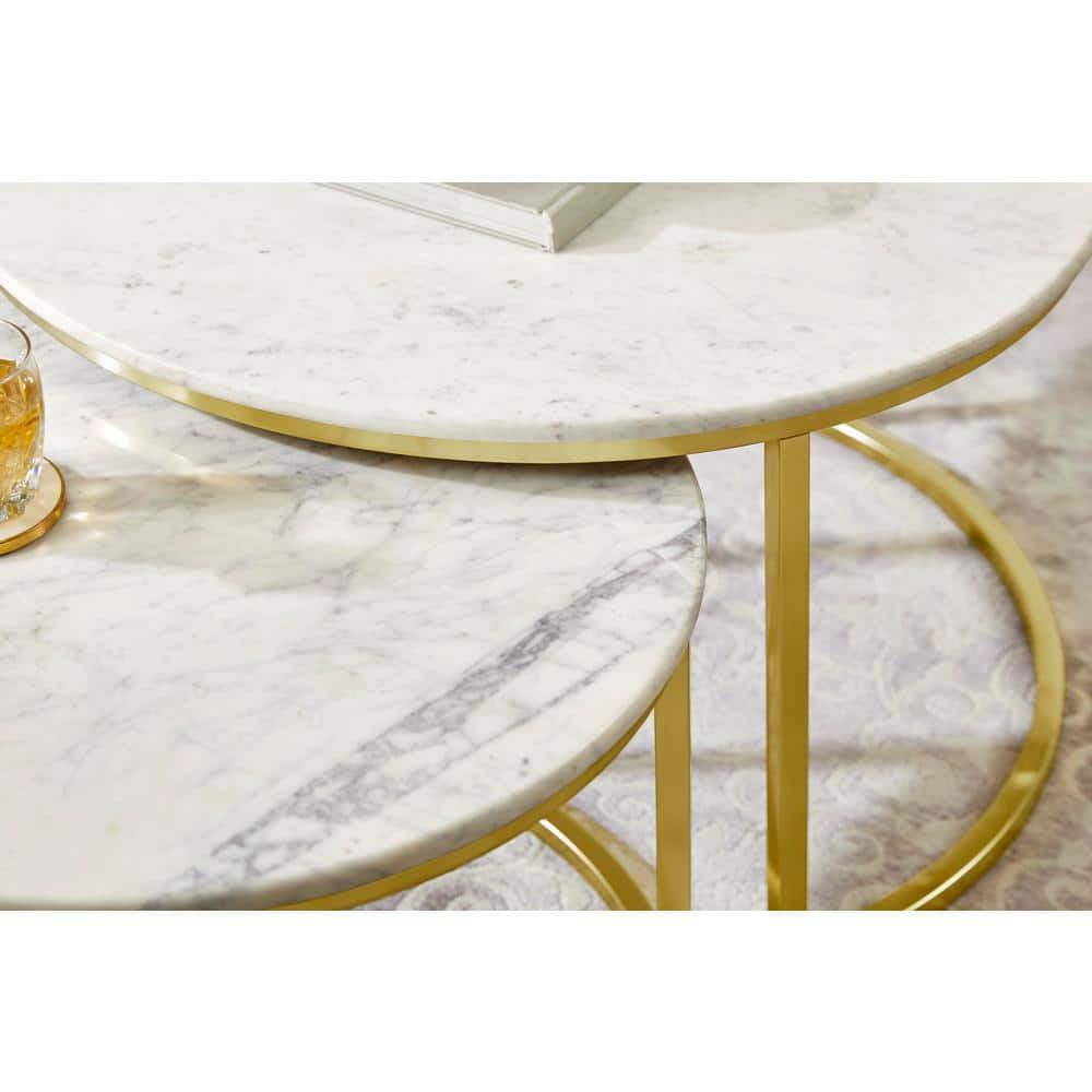 Cheval 2-Piece 31 In. Gold/Marble Medium round Marble Coffee Table Set