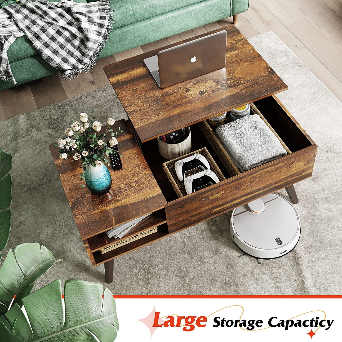 Wood Lift Top Coffee Table with Adjustable Storage Shelf