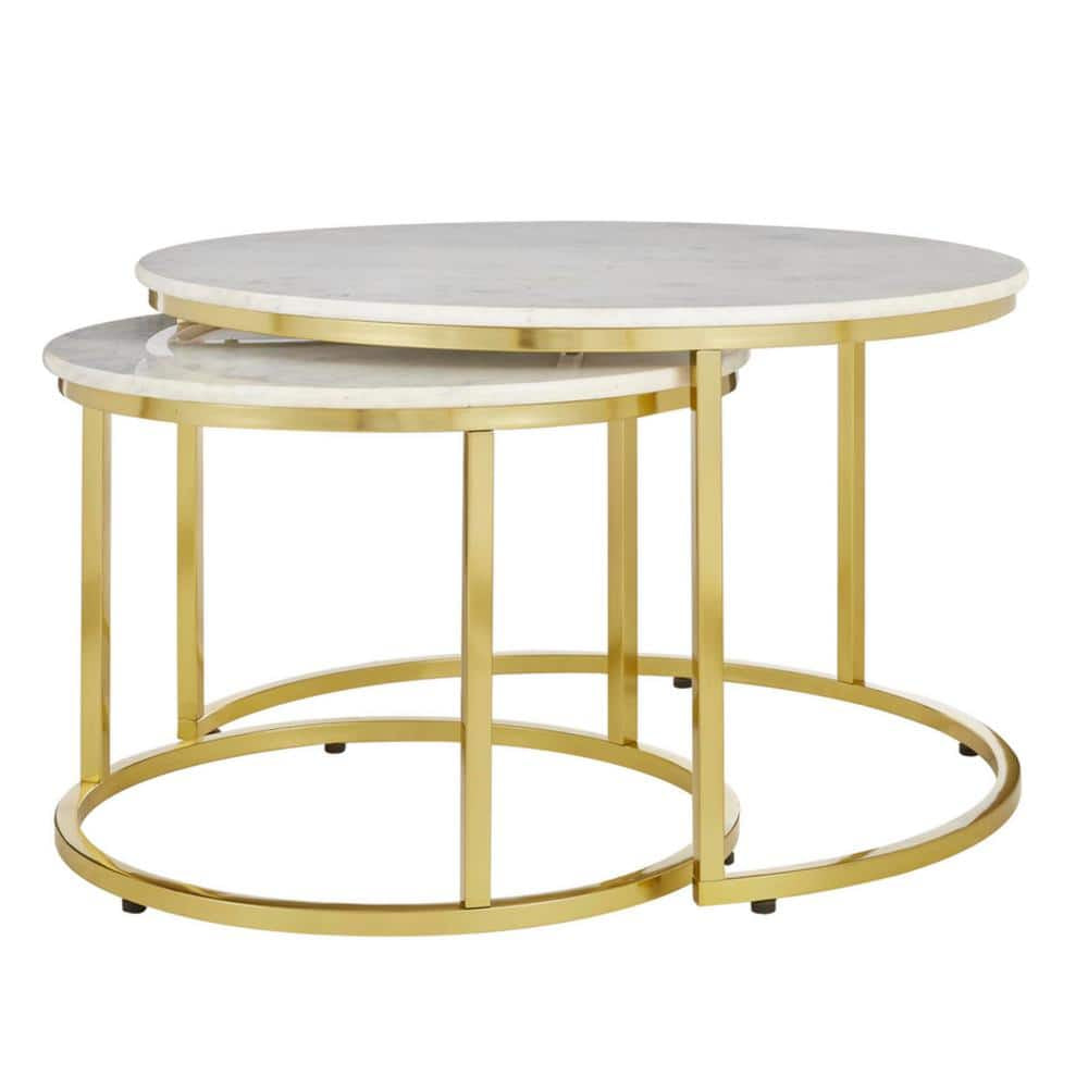 Cheval 2-Piece 31 In. Gold/Marble Medium round Marble Coffee Table Set