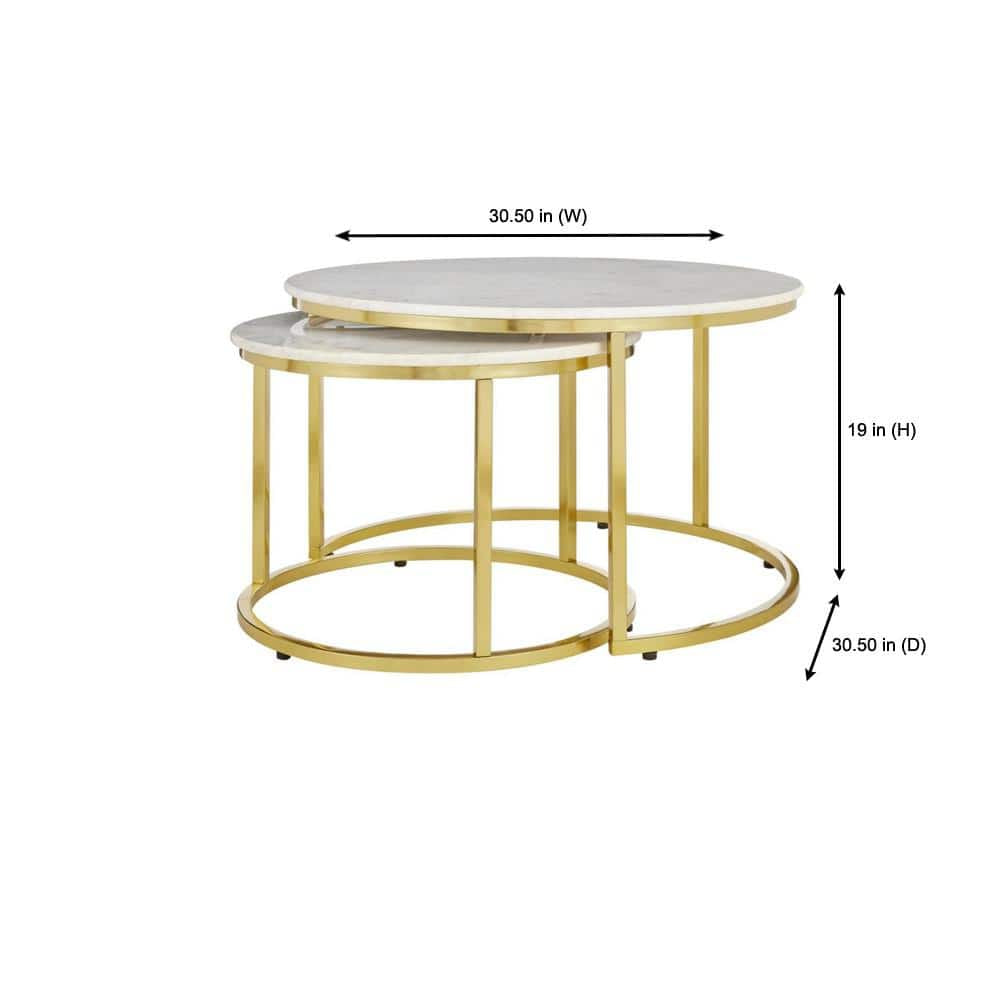 Cheval 2-Piece 31 In. Gold/Marble Medium round Marble Coffee Table Set