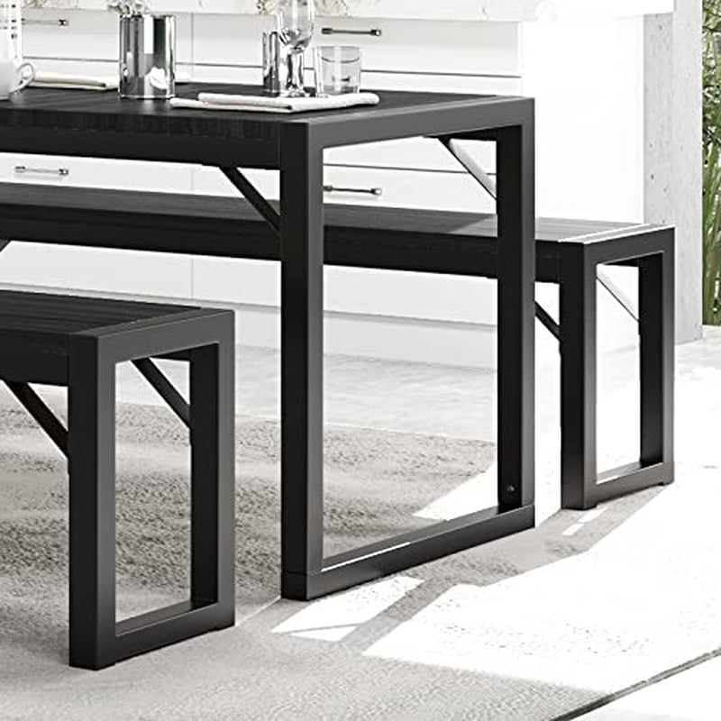 Imusee Modern Industrial 3-Piece Soho Dining Table Set, Metal Frame and MDF Board, Dining/Kitchen Table Set with Benches, Sturdy Structure, Space-Saving Furniture