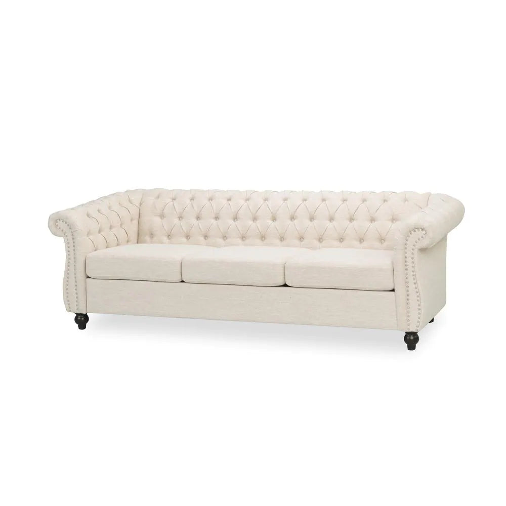 Parksley 84.75 In. Beige Solid Fabric 3-Seat Chesterfield Sofa with Removable Cushions