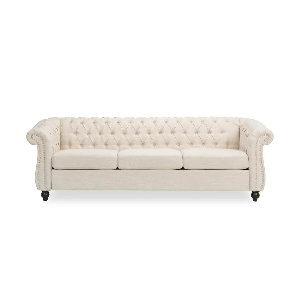 Parksley 84.75 In. Beige Solid Fabric 3-Seat Chesterfield Sofa with Removable Cushions