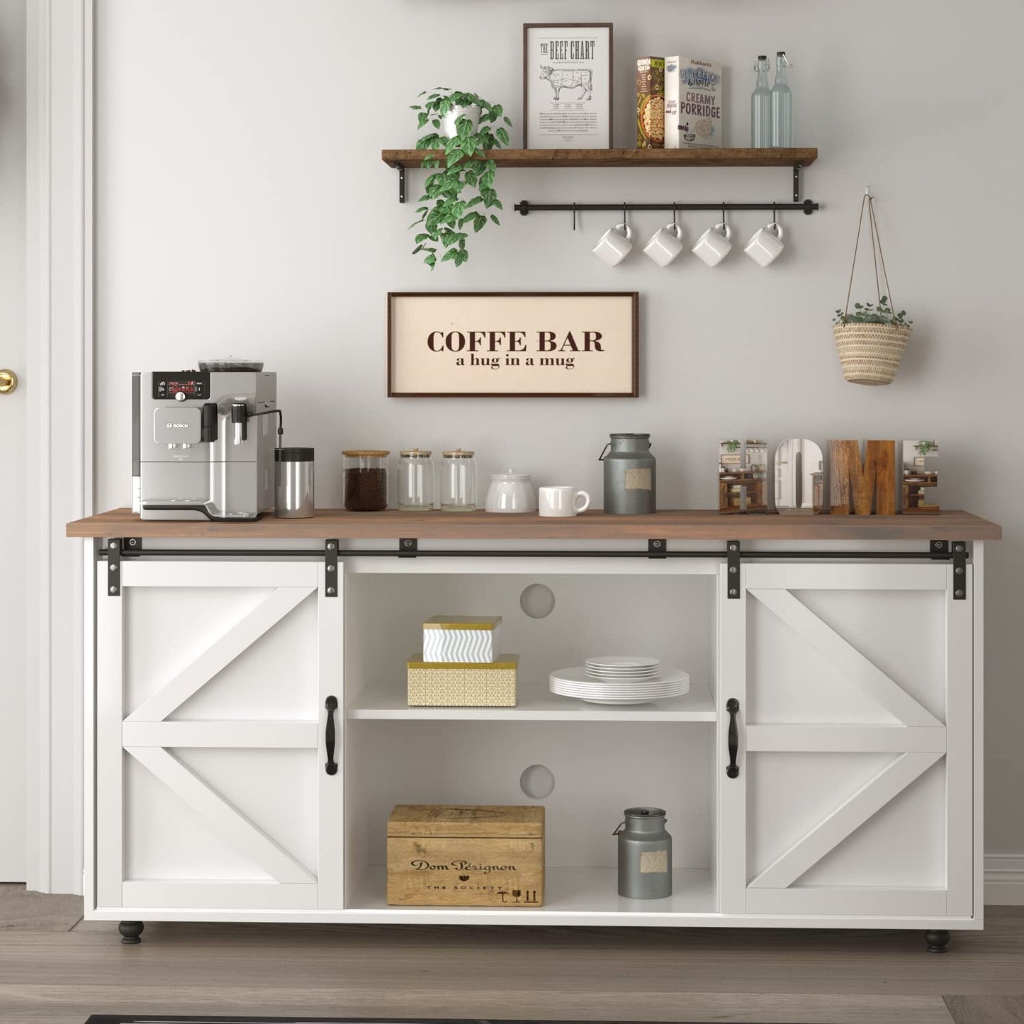 Farmhouse Coffee Bar Cabinet with Sliding Barn Door