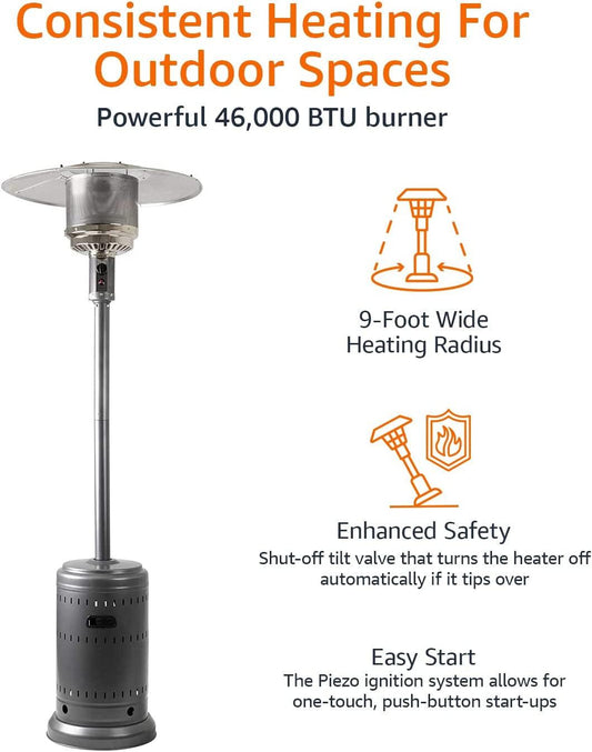 46,000 BTU Outdoor Propane Patio Heater with Wheels, Commercial & Residential - Slate Gray